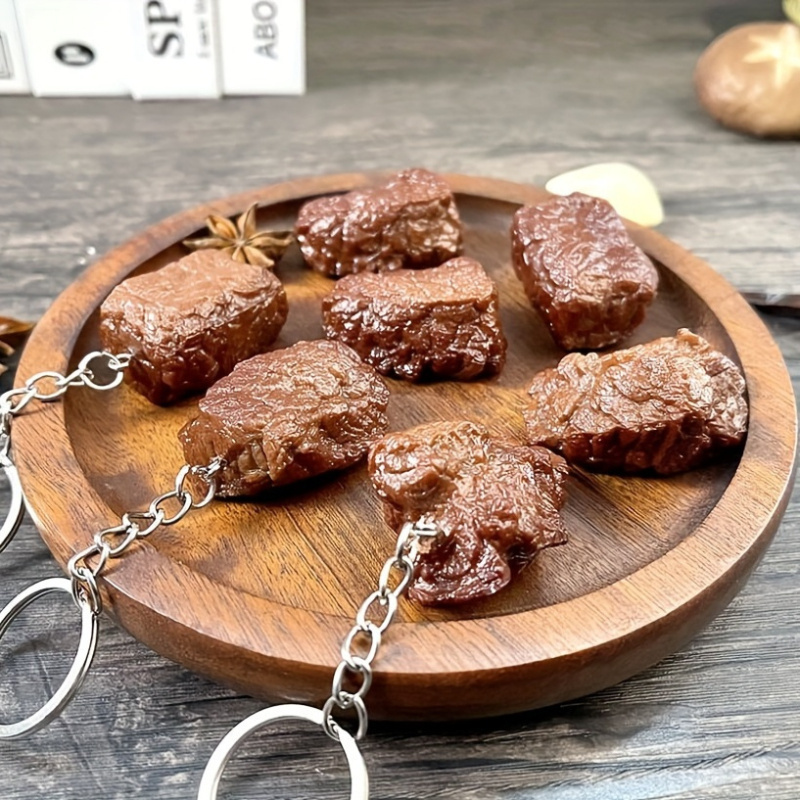 

3-pack Realistic Beef Cubes Keychains, Pvc Meat-shaped Fashion Key Rings, Novelty Purse & Car Accessory Charms