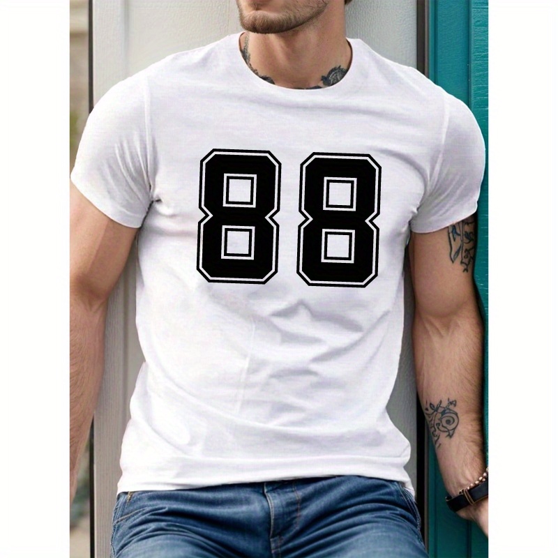 

Men's Polyester Geometric Number 88 Neck T-shirt - Casual Regular Fit Short Sleeve Knit Fabric Tee For Summer