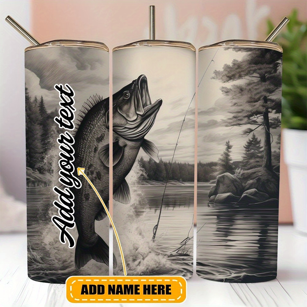 

1pc, Custom Name 20oz Your Own Text Bass Fish Themed Stainless Steel - Vacuum Insulated Cup With , Bass Fish Decor