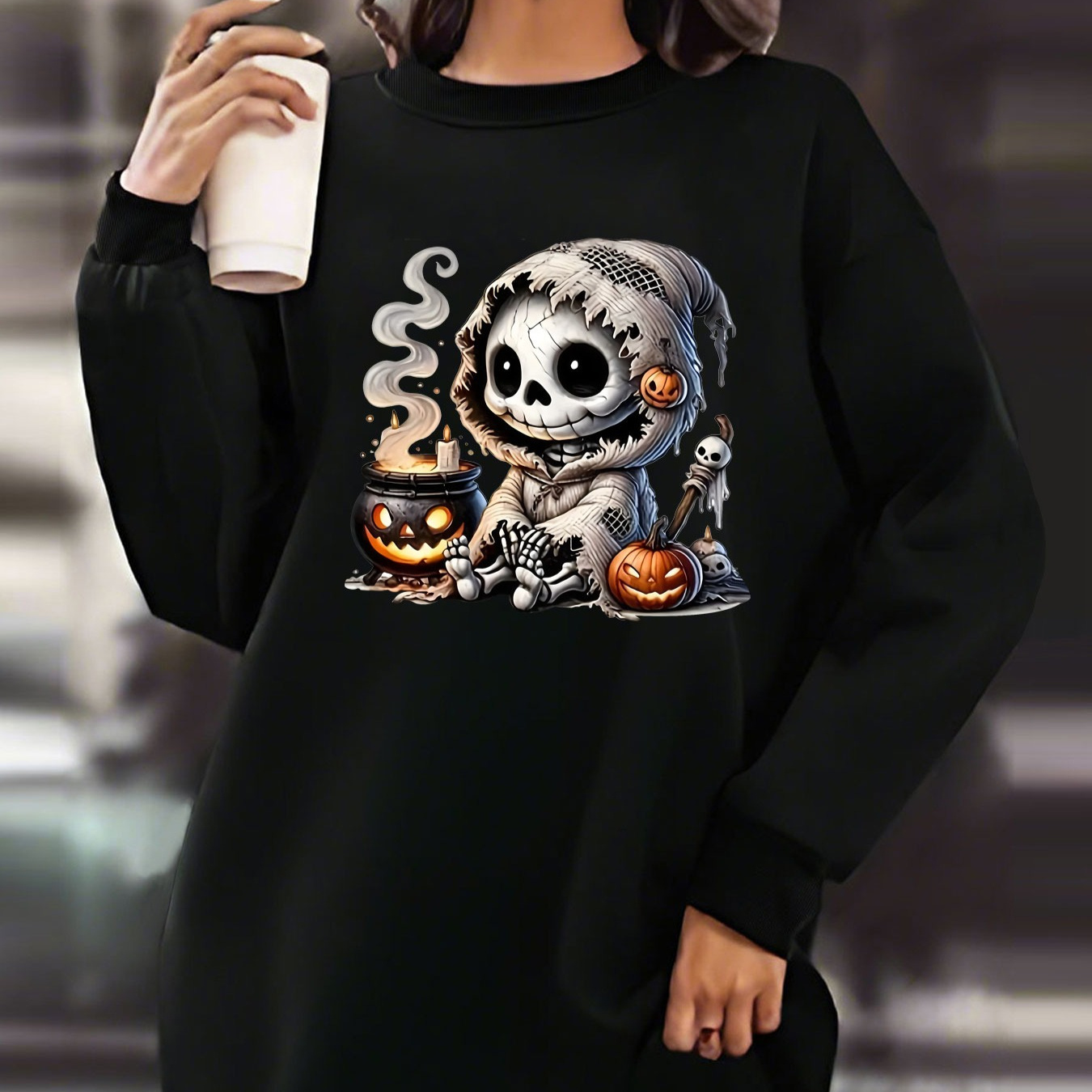 

Women's Casual Long Sleeve Tunic Dress - Polyester Knit Fabric With Slight Stretch, Fall/winter Cartoon Print Round Neck Sweatshirt Dress