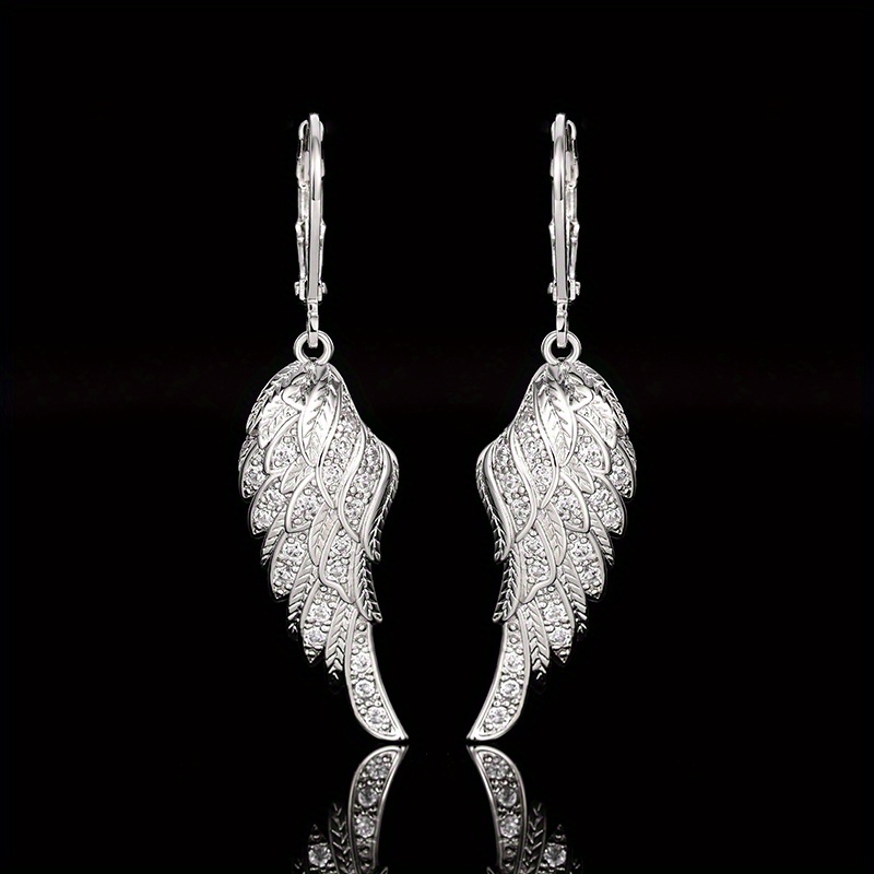 Image of Exquisite Wing Feather Pendant Earrings, Fully With Sparkling Cubic Synthetic Zirconia, Cute And Simple Copper Jewelry Party Earrings