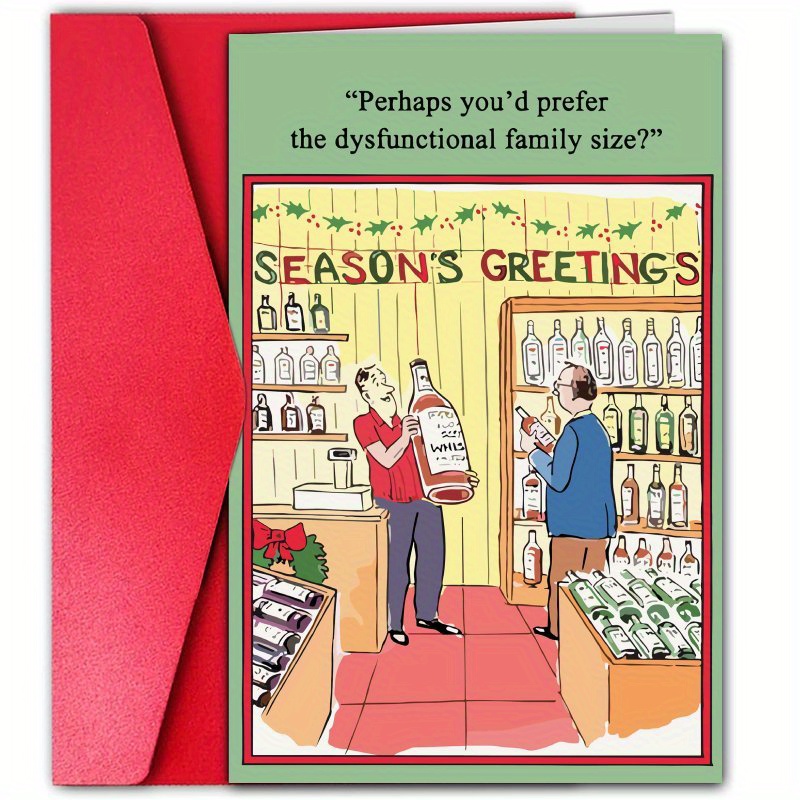 

1pc, Humorous Cartoon Christmas Card, " Greetings" With "perhaps You'd Prefer The Family Size" Quote, Anime Style, Paper, Perfect For Christmas Party, Blessing, Gift For Family & Friends