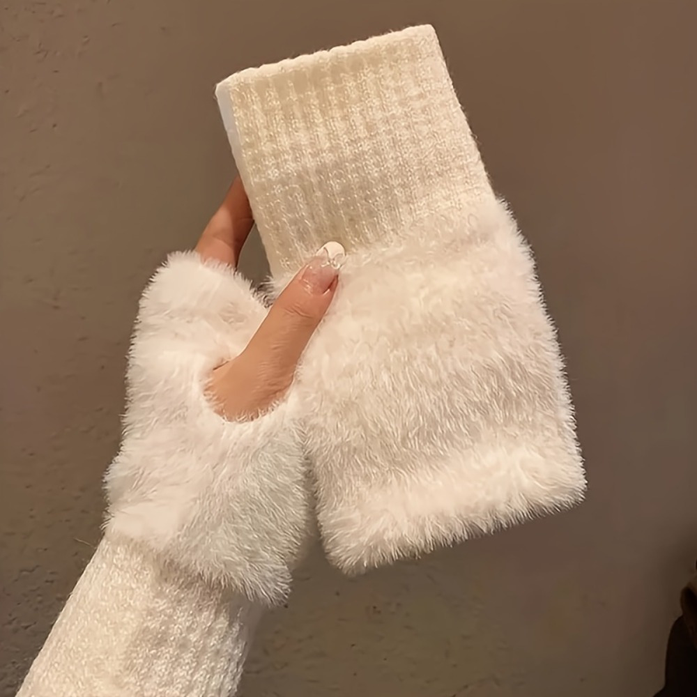 

Elegant Chic Woven Fingerless Gloves With Plush Accents - Warm Elastic Wrist Cuffs, Polyester, For Casual Weekend Wear, Hand Washable