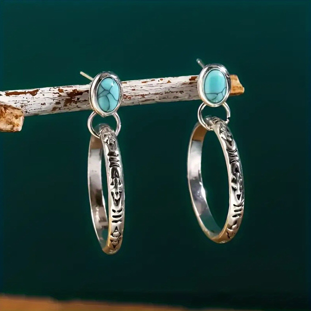 

1 Pair Vintage Chic Alloy Hoop Earrings With Turquoise Accents, Retro Bohemian Style, Non-feather, For Daily & Gift , Valentine's Day Suitable, Jewelry