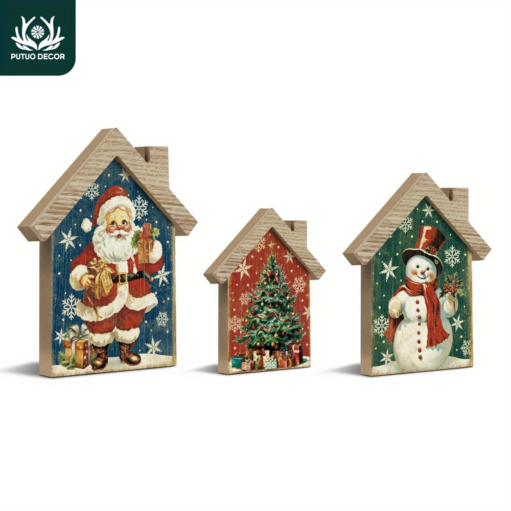 

3pc Putuo Decor House Shaped Wooden Tabletop Decor, Festive Santa & Snowman Designs, Farmhouse Christmas Decor For Home, Office, Cafe, Fireplace, Living Room, No Power Needed, Indoor Use