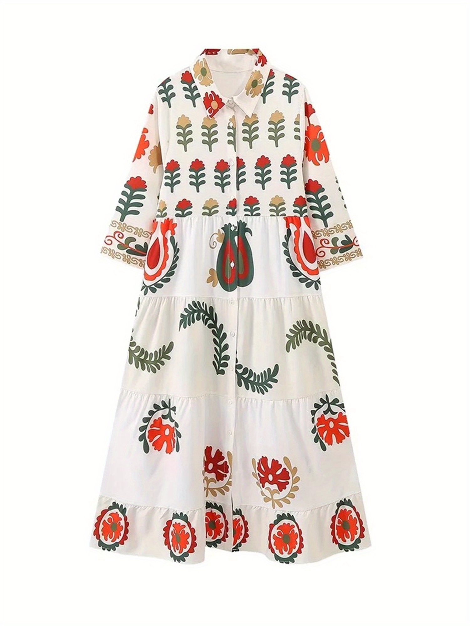 women long shirtdress floral print button lapel neck 3 4 - Temu