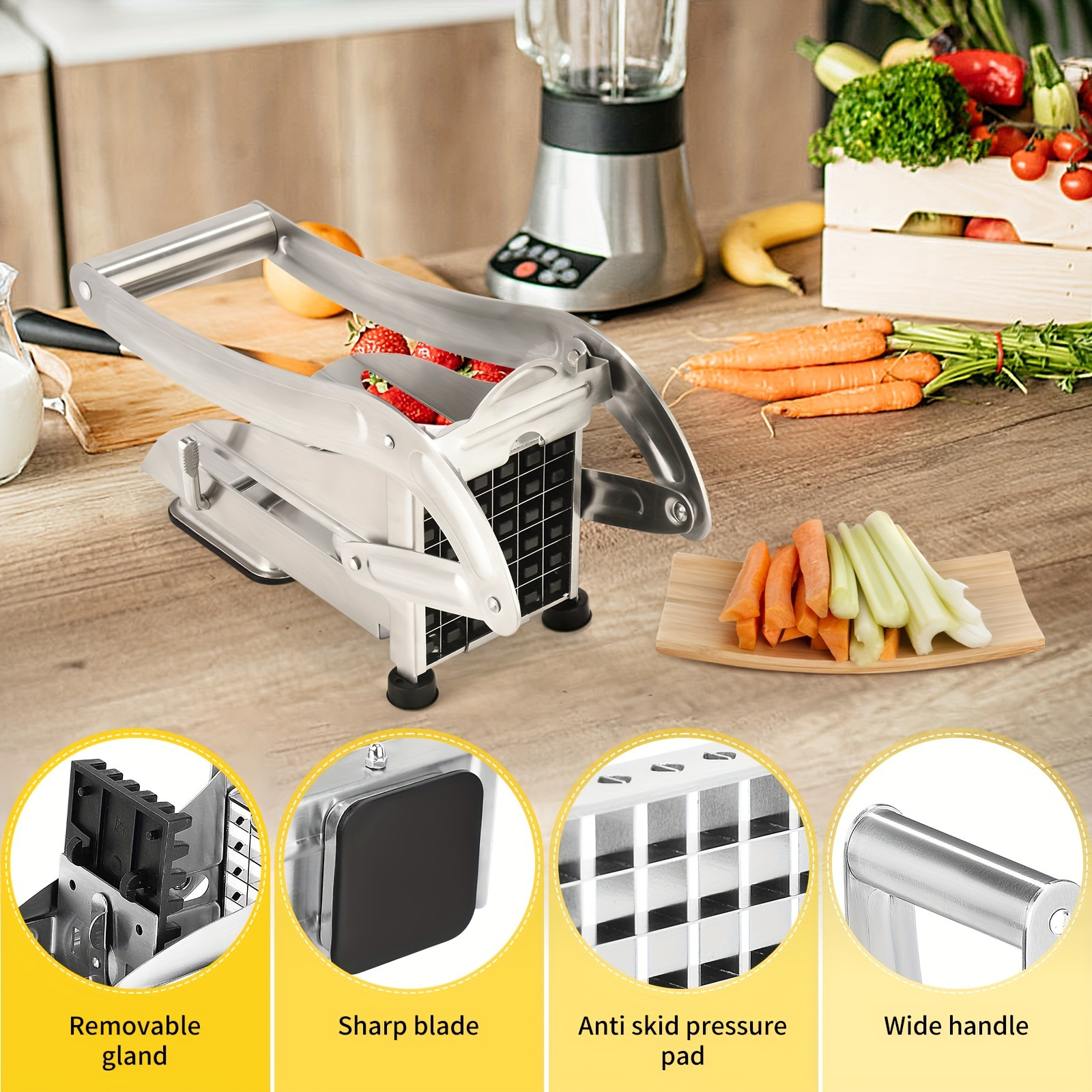 multifunctional stainless steel french fry cutter manual potato dicer with 2 blades cast iron kitchen utensil for vegetables and fruits no electricity needed details 5