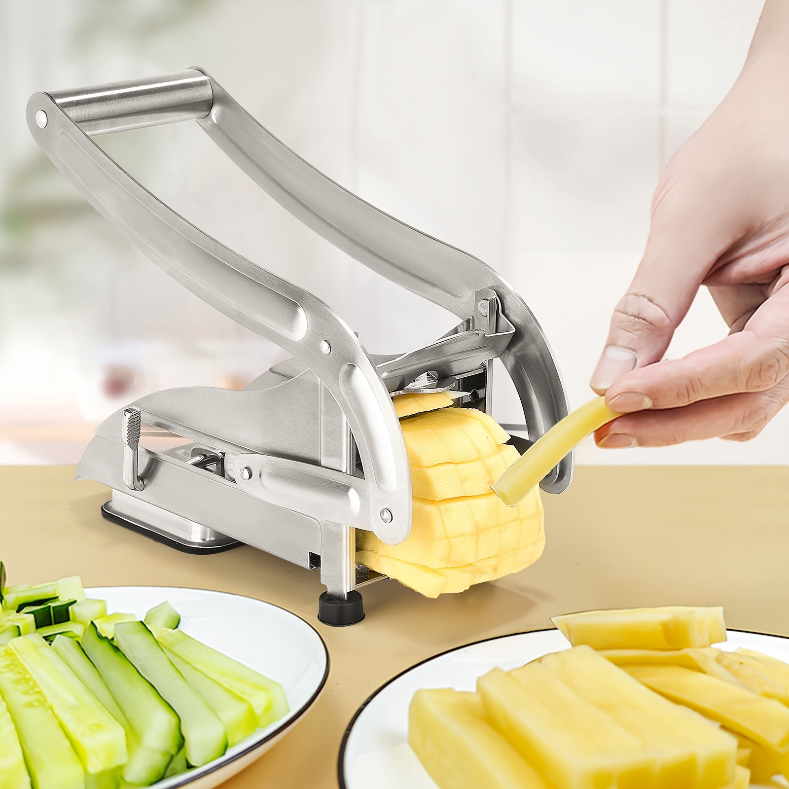 multifunctional stainless steel french fry cutter manual potato dicer with 2 blades cast iron kitchen utensil for vegetables and fruits no electricity needed details 6