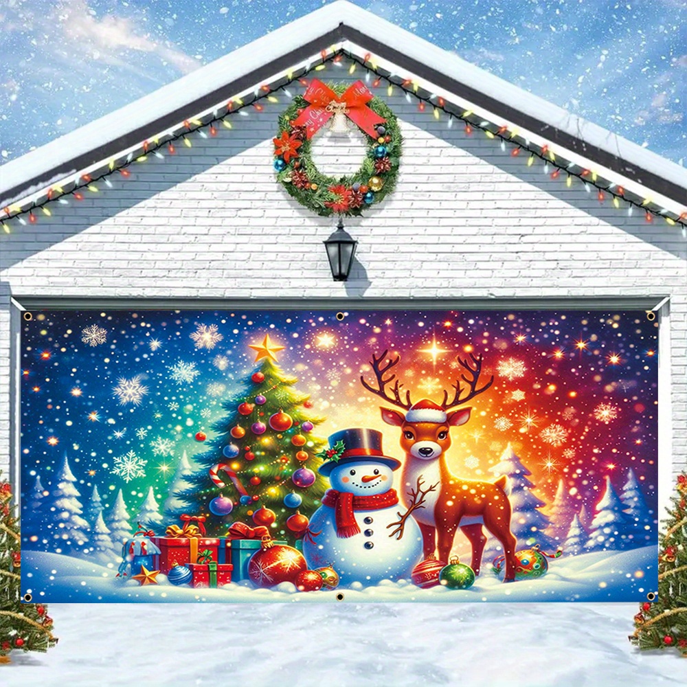 

Large Christmas Garage Door Banner - Polyester With Vibrant Snowman, Reindeer & - Outdoor Decor