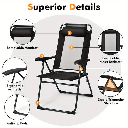 set of 2 4 patio folding chairs mesh fabric dining chairs with 7 level adjustable backrest headrest steel sling back chairs with 300lbs load bearing outdoor portable lounge chair set for patio lawn yard