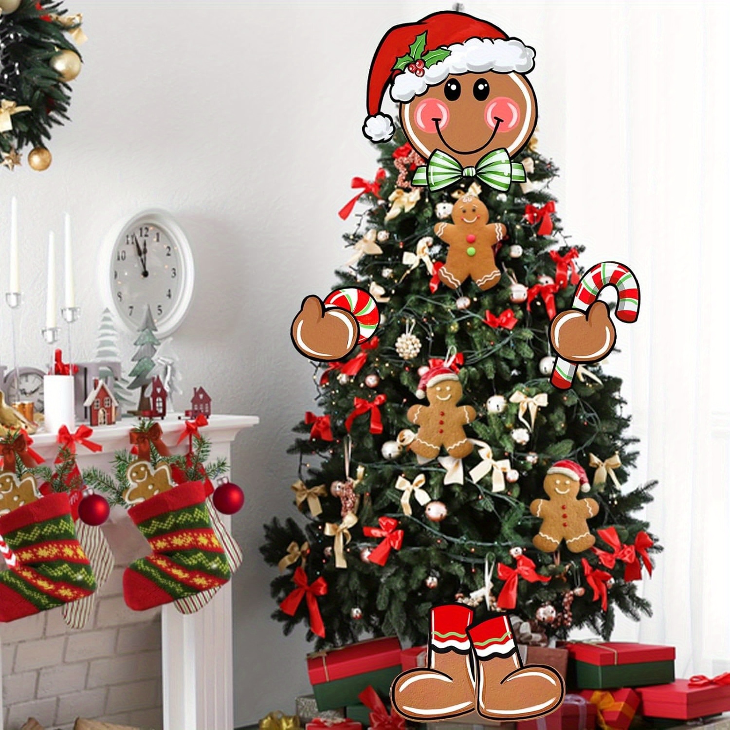 

1 Set Christmas Gingerbread Man Tree Topper And Limbs, Santa Hat, Peppermint Ornaments - Plastic, No Battery Required, Festive Decor For Party Supplies