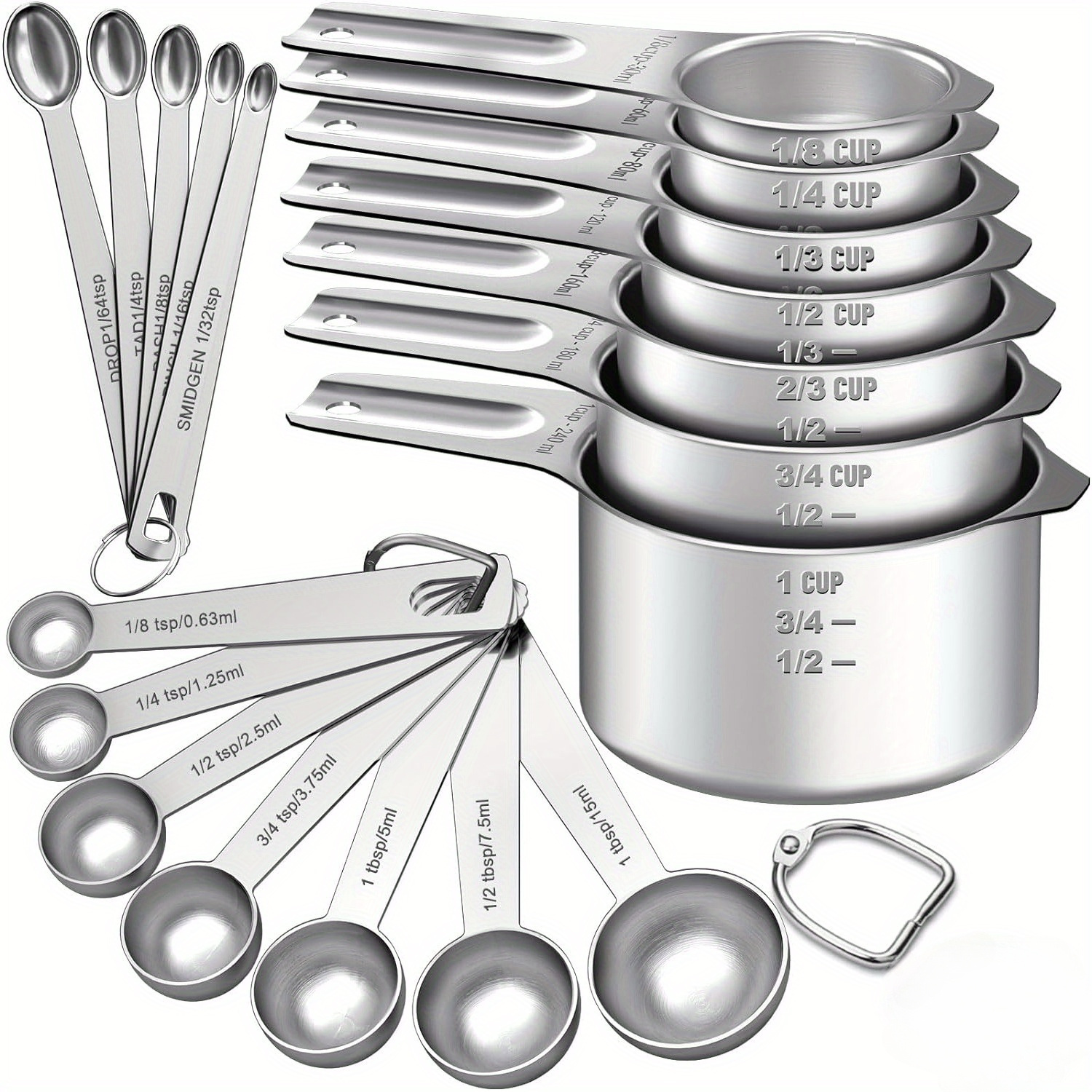 TEMU Measuring Cups And Spoons Set 22pcs, 7 Nesting Stainless Steel Measuring Cups, 9 Measuring Spoons, 5 Mini Measuring Spoons, 1 Detachable Ring,