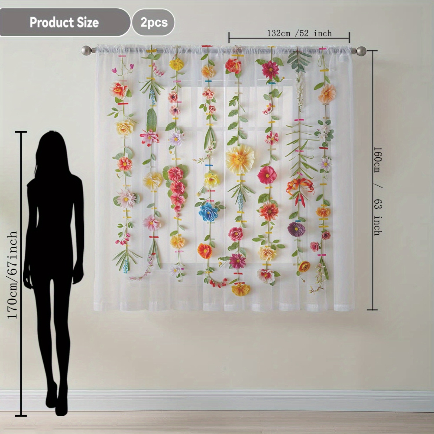 TEMU Launch 2pcs Home Decor Sheer Curtains With Colorful Vertical Patterns, Perfect For Kitchens, Cafes, Living Rooms, Dining Areas, , Gardens, And