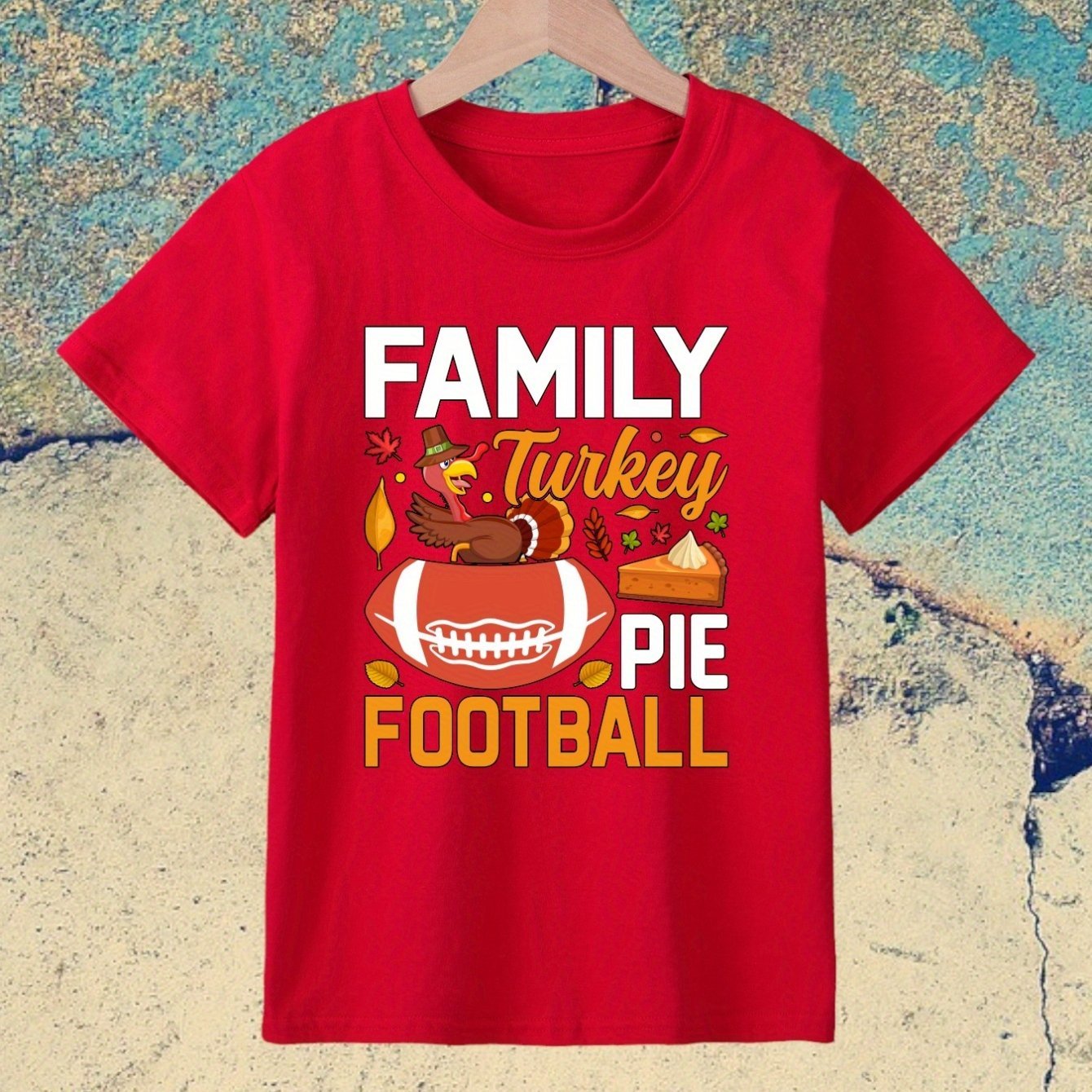 

Thanksgiving Family Turkey Pie Football Letter Print Boys Creative T-shirt Casual Lightweight Comfortable Short Sleeve Tops Summer Kids Clothing