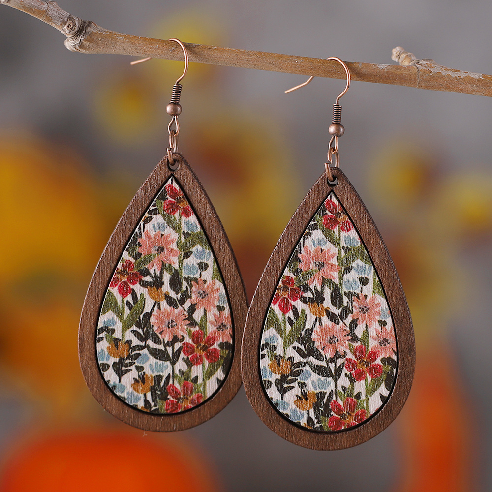 

Boho-chic Vintage Wooden Floral Earrings - Hypoallergenic, Lightweight Double-layered Design With Patterns - Perfect Gift For Her &