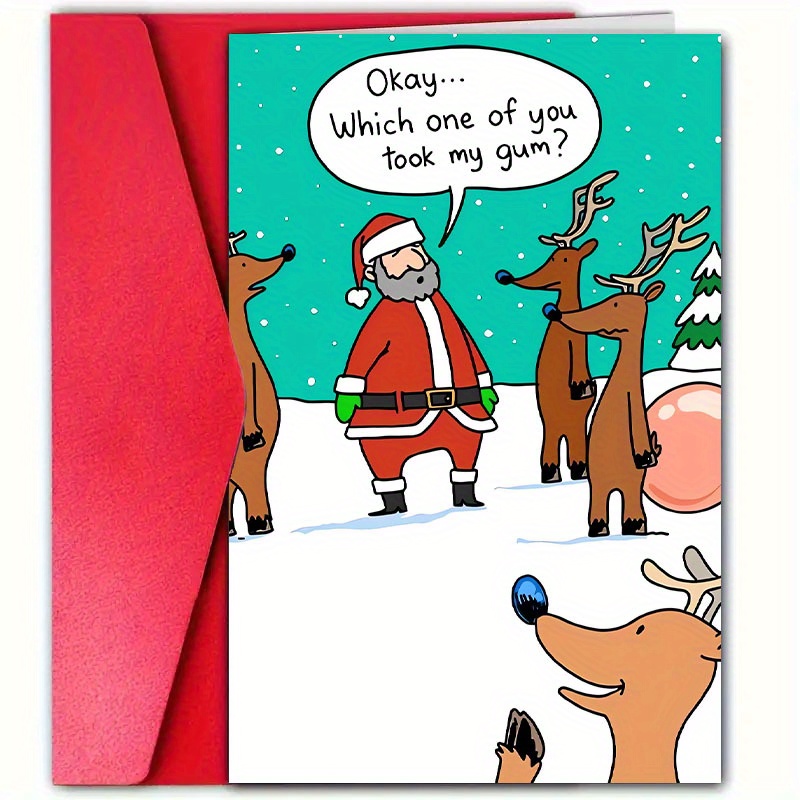 

1pc, Festive Christmas Card With Envelope (4.7x7.1 Inches), Funny Santa & Reindeer Design, Perfect For Friends & Family, Paper, Holiday Greeting Card For Christmas