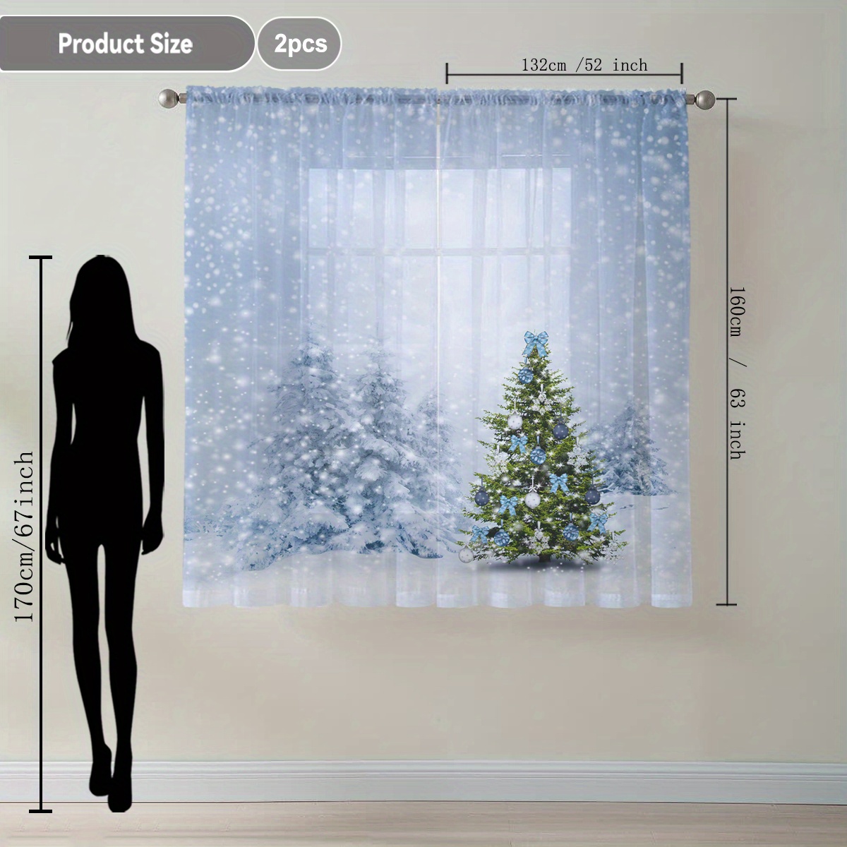 TEMU Launch 2pcs Home Decor Sheer Curtains, Featuring A Christmas Tree In A Snowy Scene. The Flowing Window Sheers Are Suitable For Kitchens, Cafes,
