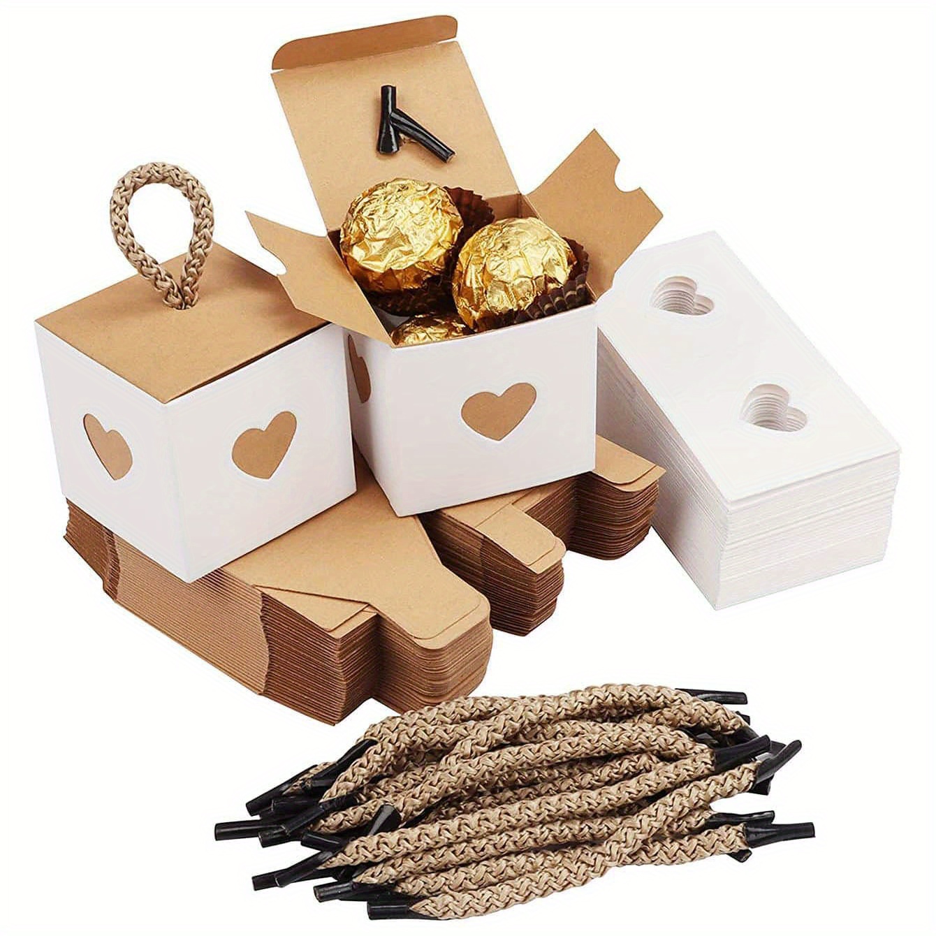 

50pcs Mini Heart Gift Boxes With Handles - 2x2x2" White & Brown Paper Favor Boxes For Weddings, Birthdays, Cupcakes, Crafts & Party Decorations