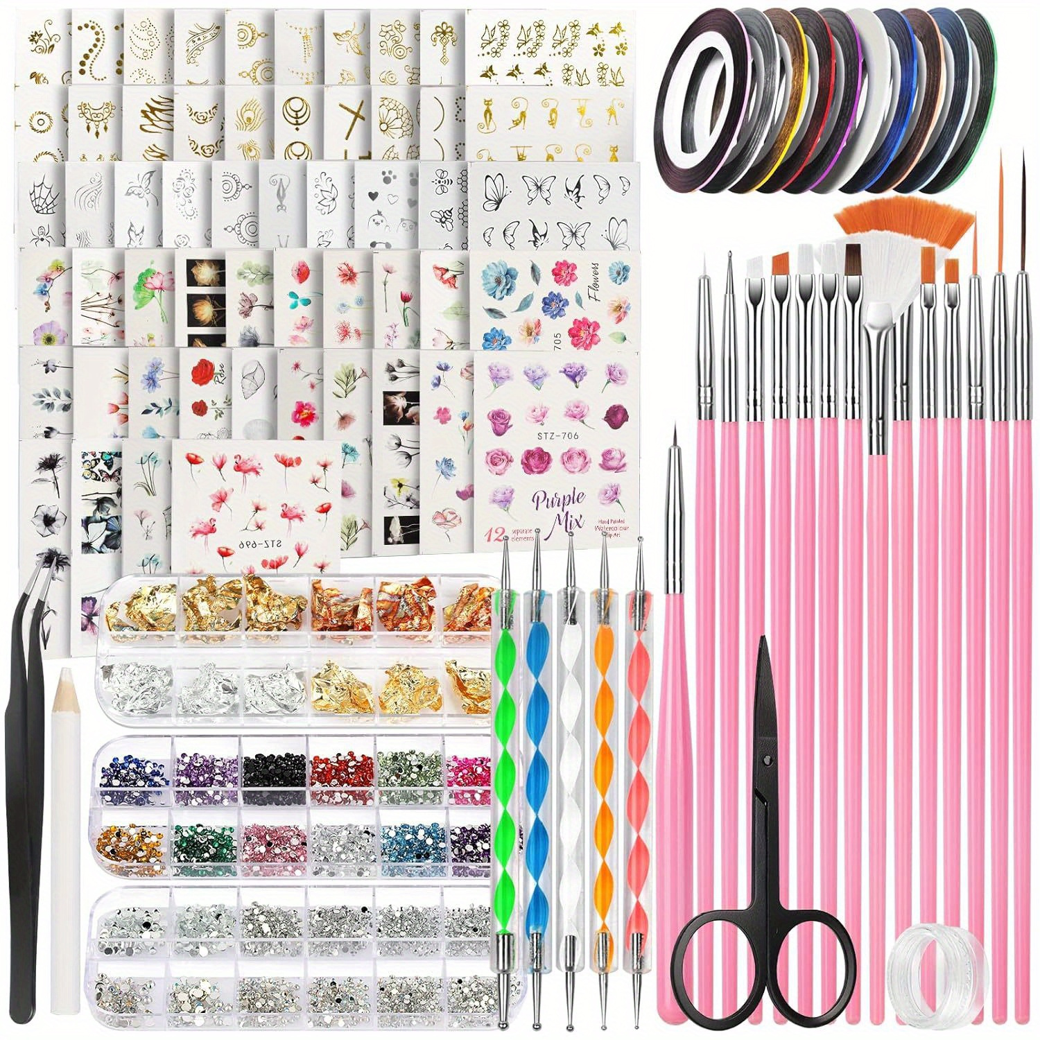 

Nail Art Decorations & Brushes Set, Nail Art Brushes, Dotting Tools, 54 Sheets Water Transfer Nail Art Stickers, Nail Striping Tape, Nail Foils, Rhinestones For Nails, With & Scissors