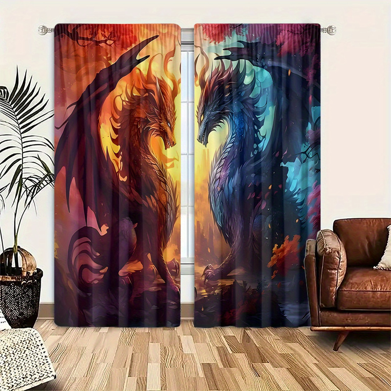 

2pcs Set Dragon Print Light Filtering Curtains - Rod For Easy Hanging, Bedroom, Living Room, Office & Home Decor