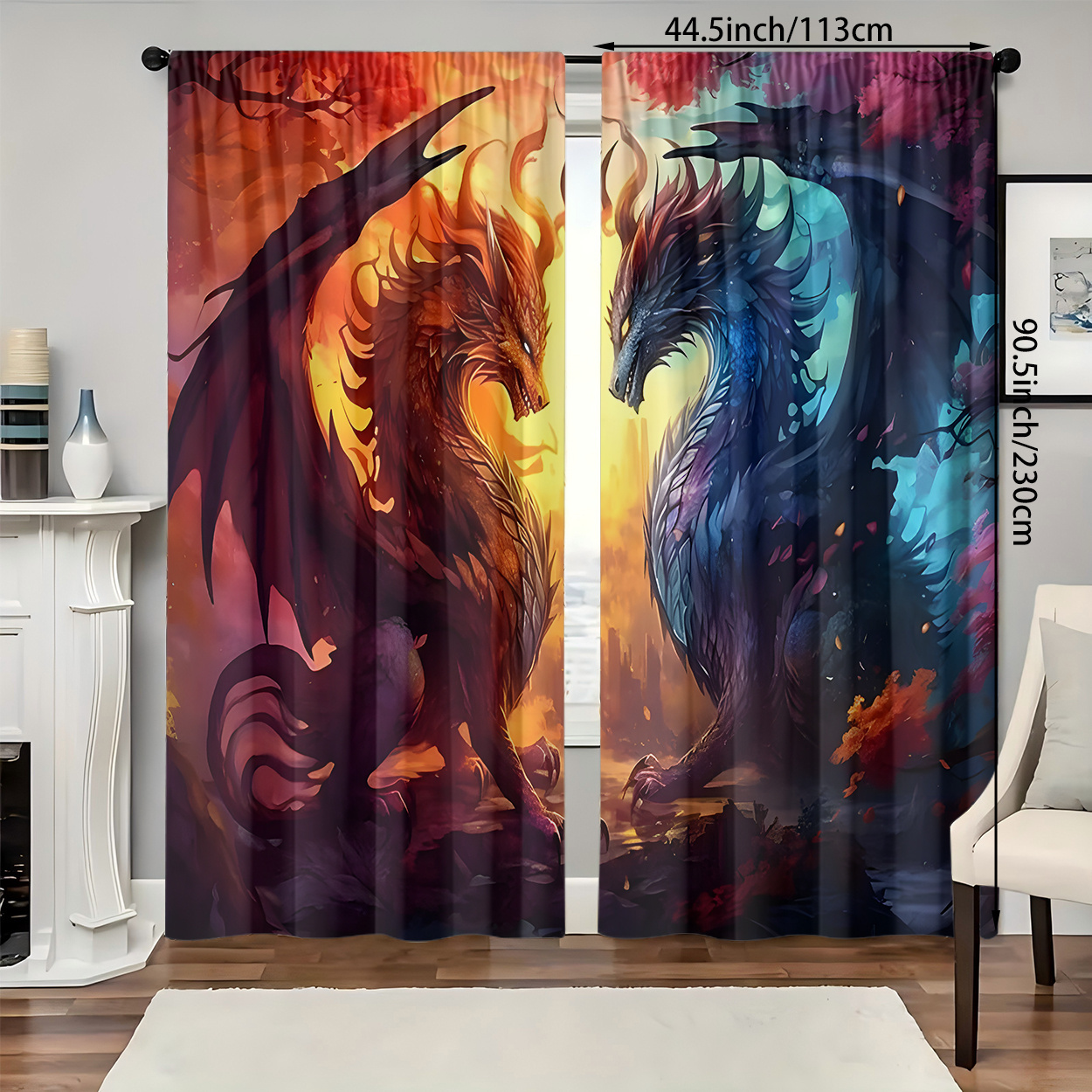 TEMU Lot de 2, Matériau Polyester, Imprimé Numérique HD de Dragon Gauche et Droit, Rideau Filtrant , Convient pour Chambre, Salon, Bureau et