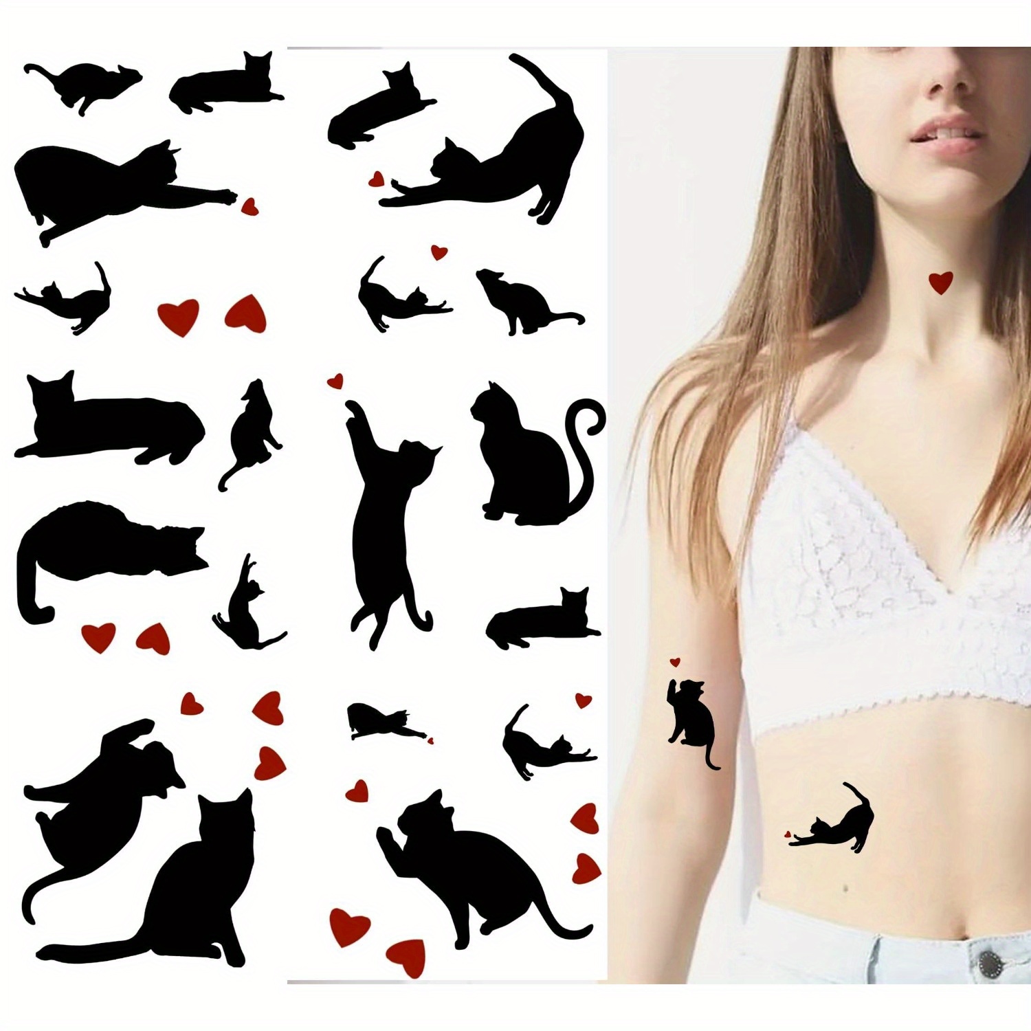 Image of 6 Sheets Temporary Tattoo Cat Fake Tattoos Red Heart Sleeve Party Favors Face Body