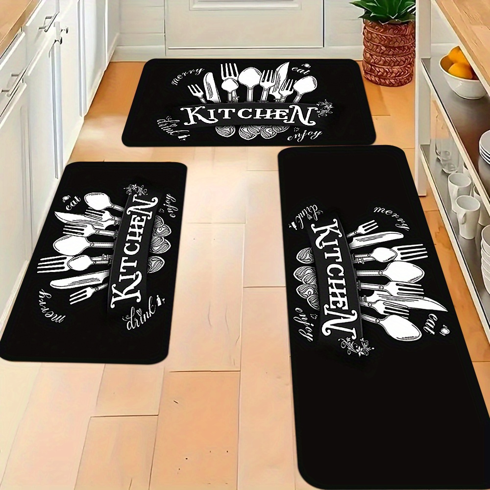 

1pc Stain & Slip Resistant Black & White Cutlery Kitchen Mat Set - Machine Washable Flannel - For Sink, Bedroom, Living Room, Dining Area