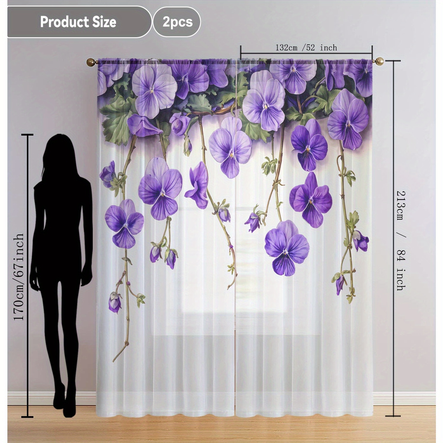 TEMU 2pcs Elegant Dark Purple Floral Sheer Curtains For Kitchen, Living Room, Dining Area, Balcony & Bedroom - Rod , Polyester Fabric, -resistant,