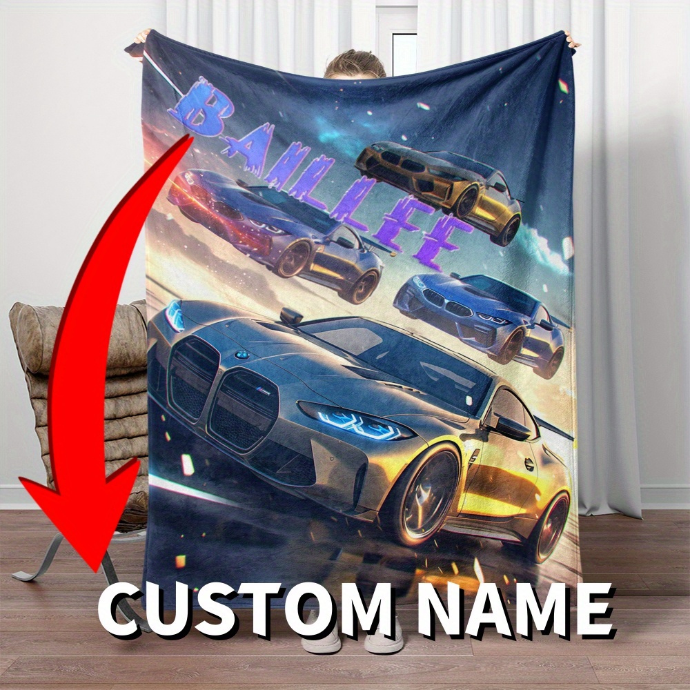 

Custom Name Car Printed Flannel Blanket, 1pc, Lightweight Soft And Warm Throw For Sofa, Bedroom, Office, Couch, Chair, Camping, Travel, Climbing, Polyester Fabric, Adult Novelty Party Gift