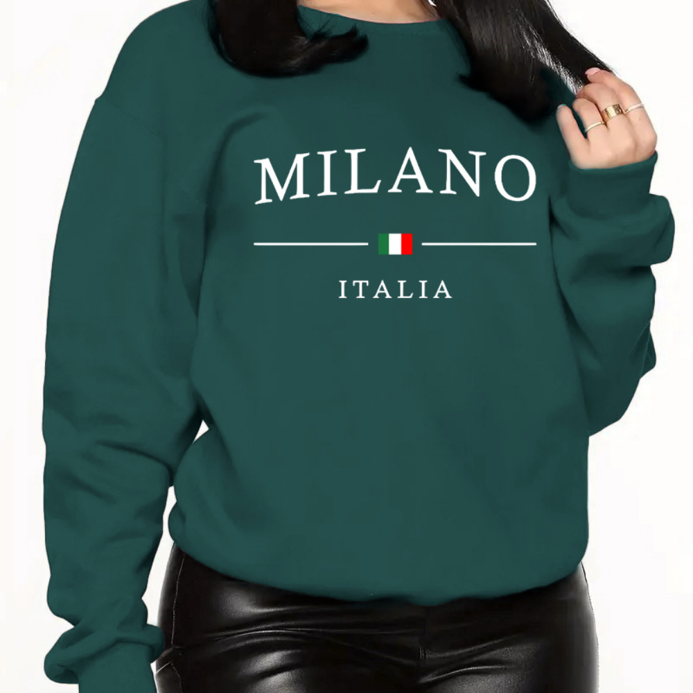 

Plus Size Milano Italia Graphic Crew Neck Sweatshirt - Casual Polyester Knit With Slight Stretch For Fall/winter