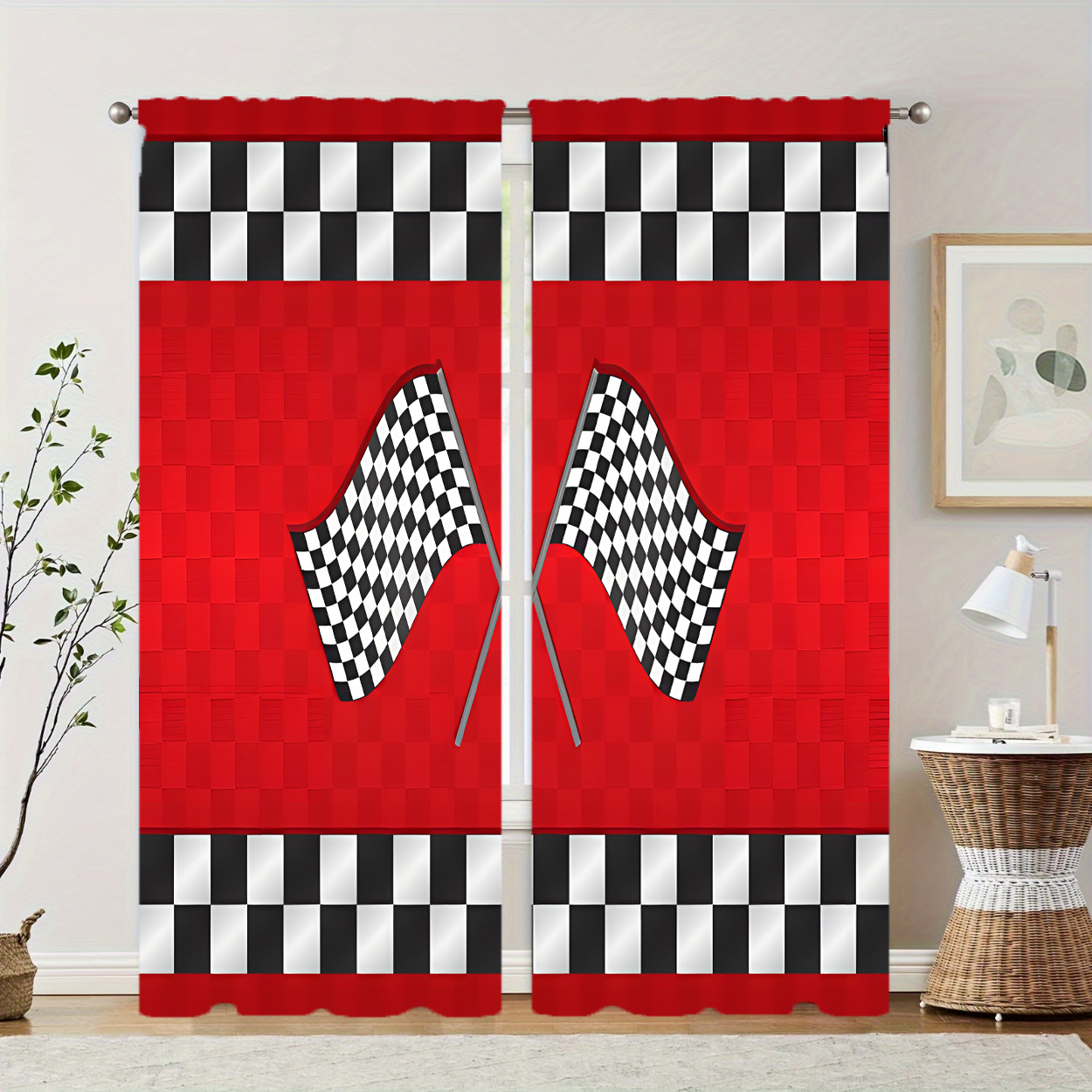 

Checkered Pattern Curtains - 2 Panels, Rod Polyester Drapes, For , , - Decorative Curtains