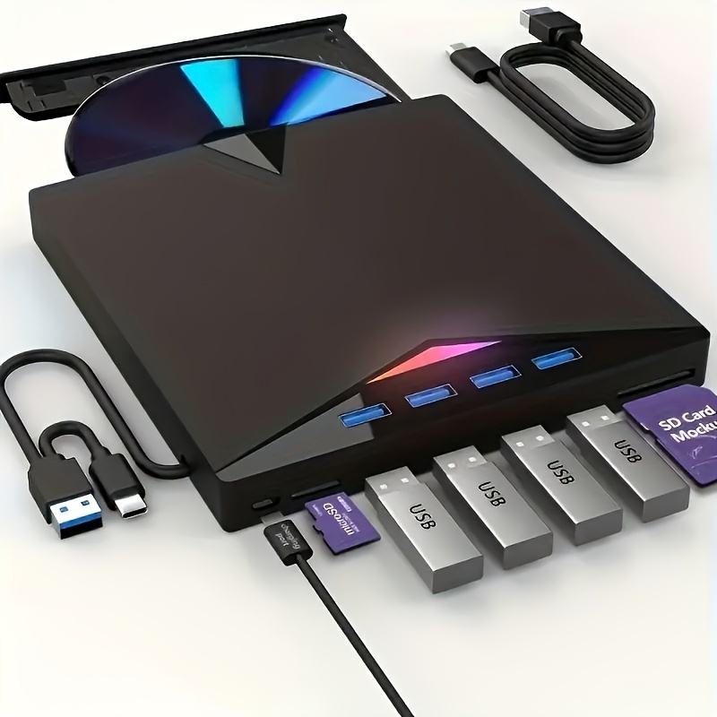 TEMU 7-in-1 Usb- External Dvd Drive With 4 Usb Ports & Dual Tf/sd Card Reader - Cd/dvd Burner Suitable For Laptops, , Pcs, Compatible For /10/8/7, ,