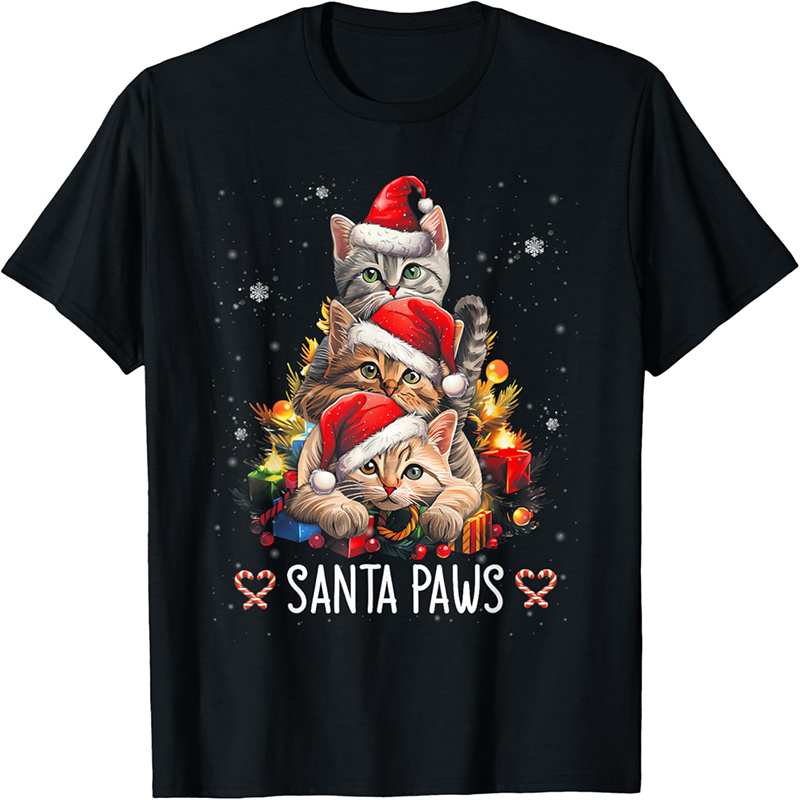 

Santa Paw And Claw Christmas Tree Lights Neck Short Sleeve Tee Soft Slight Stretch Polyester Fabric For Summer Outdoor Street Wear And Daily Activities