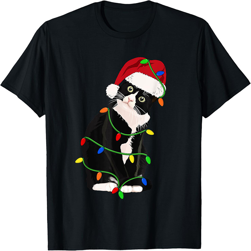 

Tuxedo Santa Tuxie Christmas Tree Lights Cat Catmas T-shirt Neck Short Sleeve Tee Soft Slight Stretch Polyester Fabric For Summer Outdoor Street Wear And Daily Activities