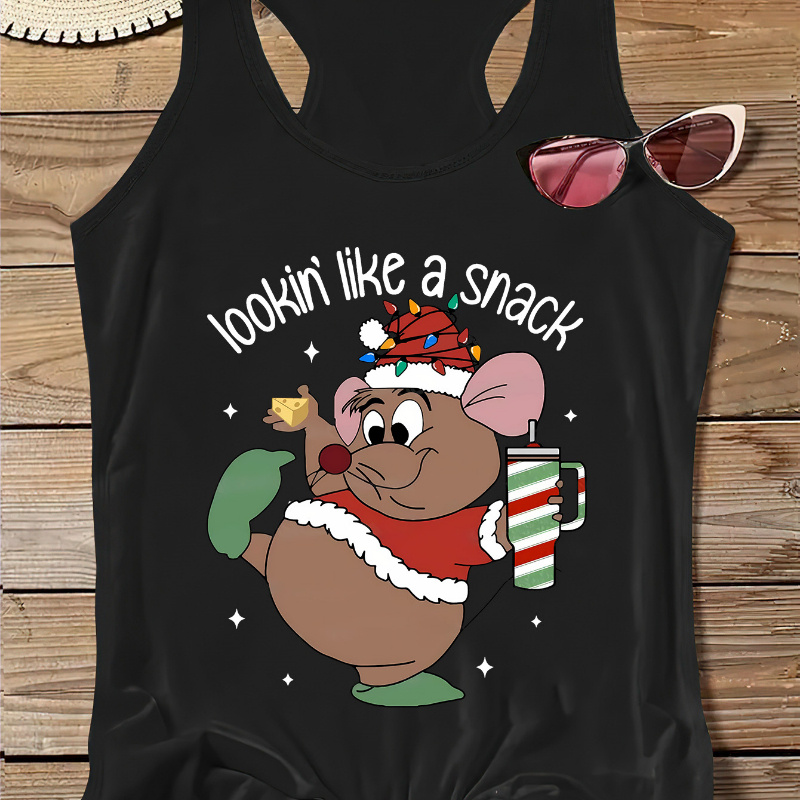 

Women's Christmas Cartoon Mouse Graphic Tank Top - Knit Polyester Fabric, Crew Neck Sports Style Sleeveless Shirt For Summer With Slight Stretch