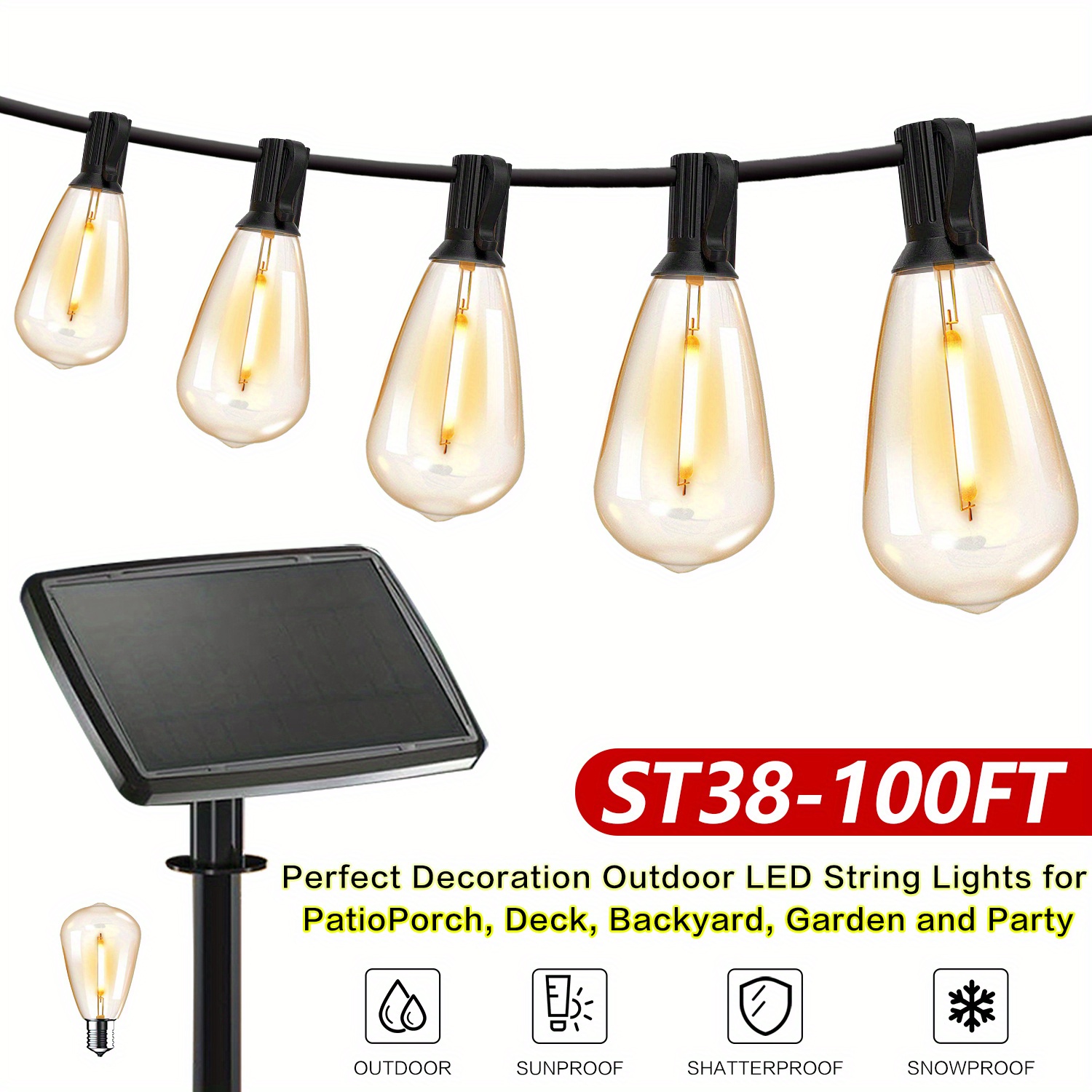 TEMU 50/ 100 Ft Solar Outdoor String Light, Usb-rechargeable Patio Rope Light, 2700k Warm White, Weather Resistant Material, / 24+1 Breakproof St38