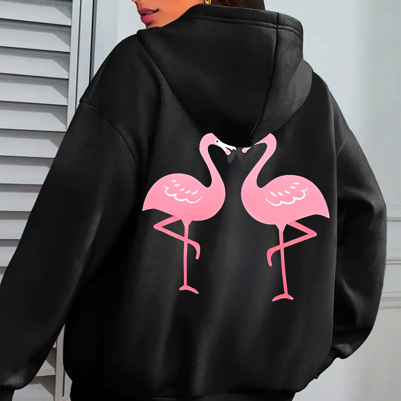 

Women's Casual Hoodie With Pink Flamingo Print - Cozy Polyester Pullover Sweatshirt For Fall/winter, Machine Washable