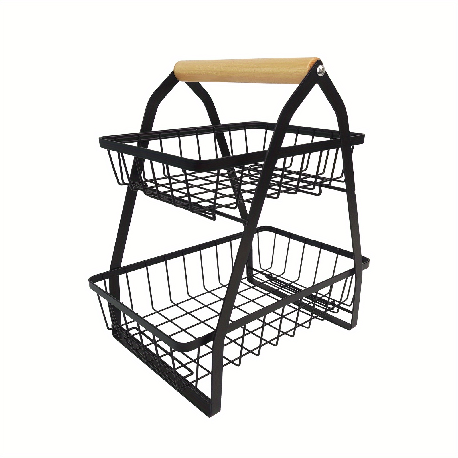 Fruit Tier Stand 2 Tier Metal Fruit Bowl Vegetable Basket Black For Kitchen Fruit With Wooden Handle Portable