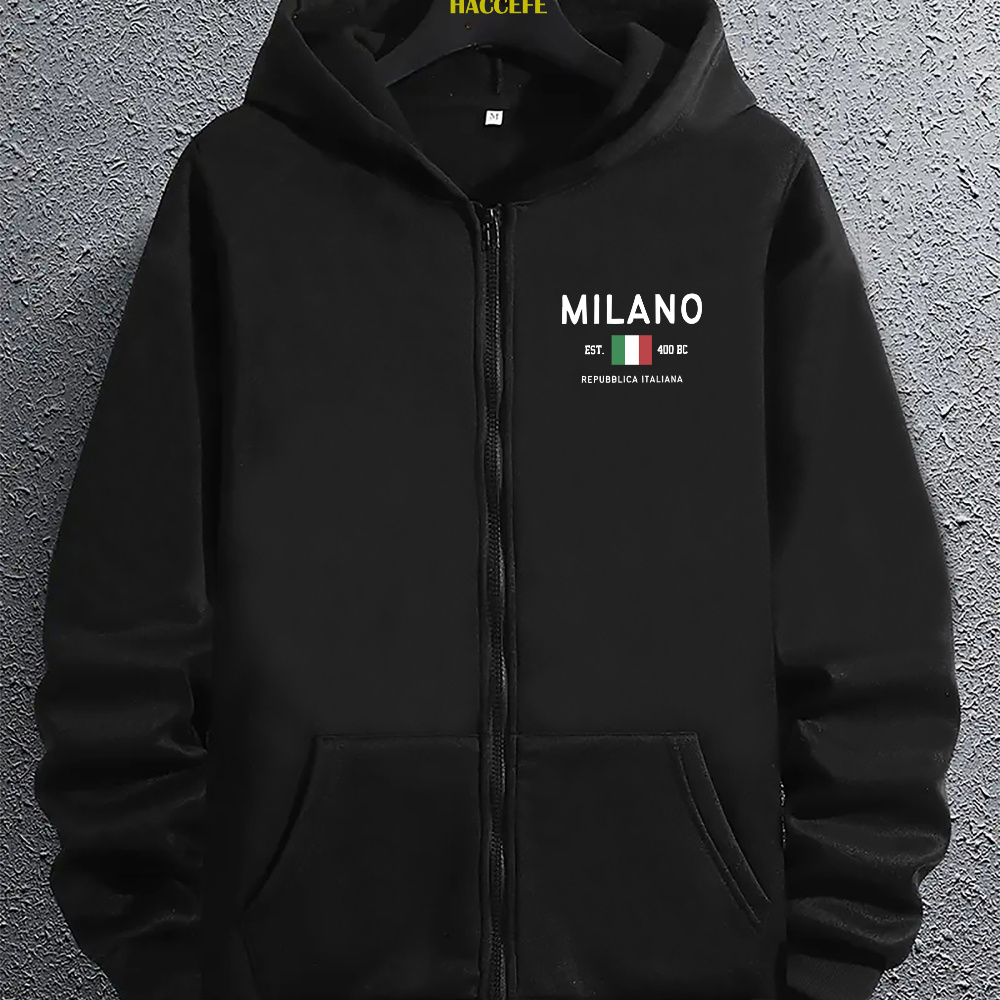 

Milano Print Zip-up Hoodie With Kangaroo Pocket - Men's Long Sleeve Hooded Sweatshirt, 100% Polyester Knit Fabric, Casual Style, Regular Fit, All Season Wear