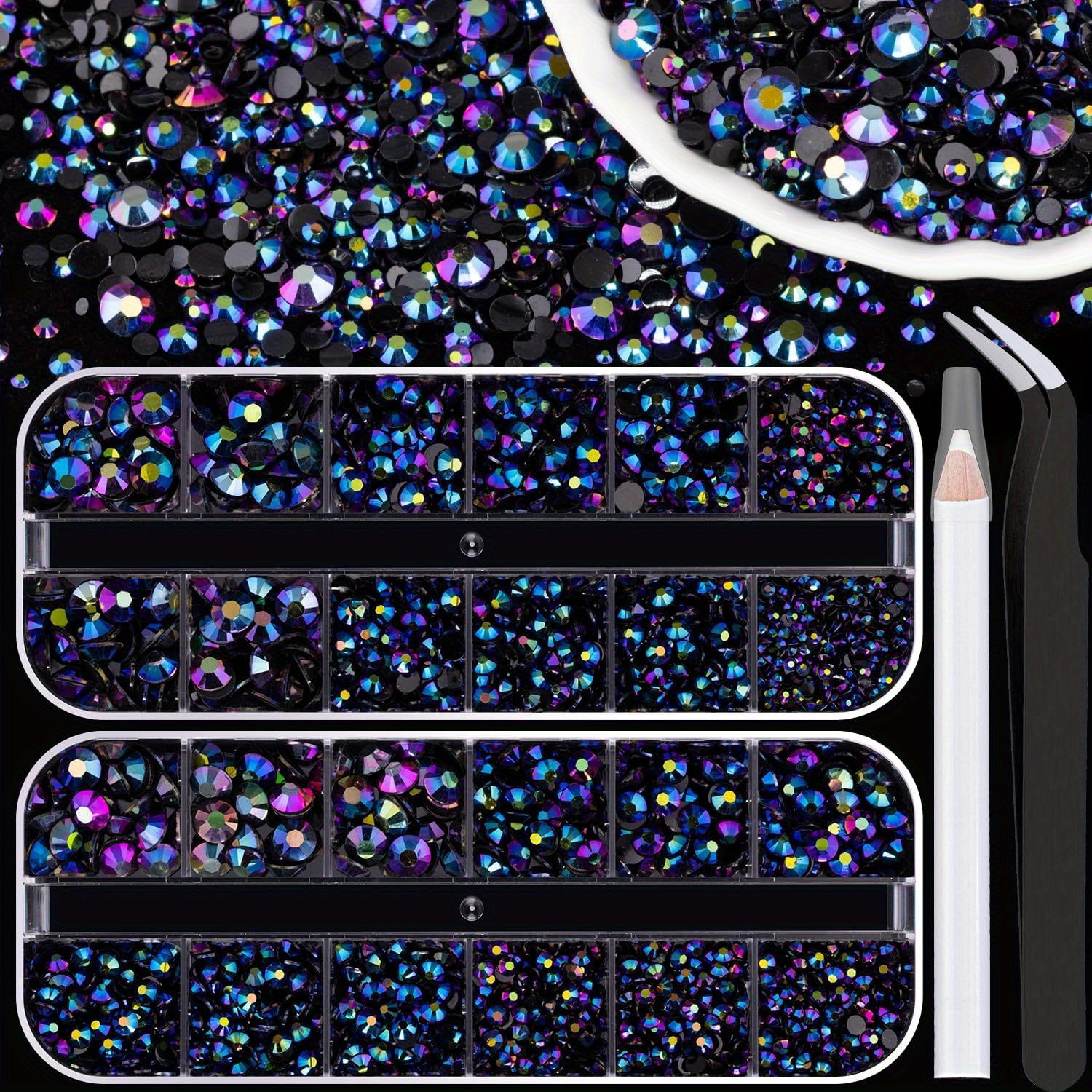 Image of 3500pcs Resin Rhinestone Kits, 2/3/4/5/6mm Flatback Jelly Rhinestones, 2 Box Black Ab Non Hotfix For Crafts Mugs Bottles Tumblers Clothes Makeup Nail Manicure