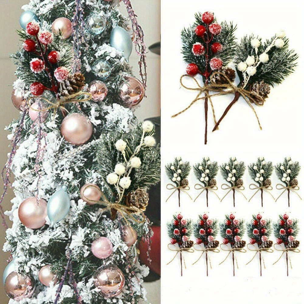 

8pcs Artificial Cedar Picks With Snowy Berries And Pine Cones - Ideal For Christmas Decor, Diy Crafts And Festive , Plastic Greenery Sprays For Tree Ornament