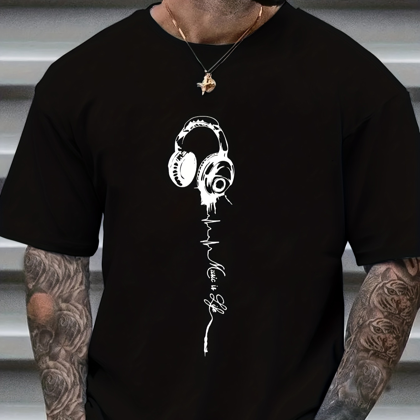 

Men's Music Print Short Sleeve T-shirt, Comfortable Casual Stretch Collar Top, Men's Clothing