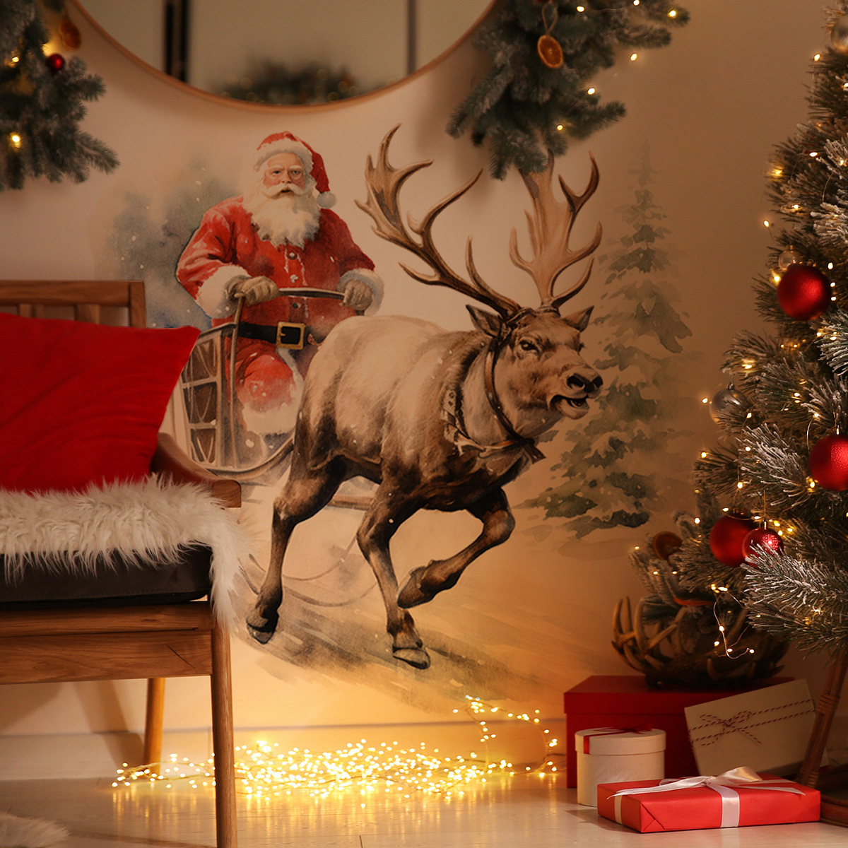 

2pcs Christmas Santa Elk Realistic Watercolor Style Decorative Wall Stickers For , Entrance Stickers, Kitchen Stickers, Wall Background Stickers