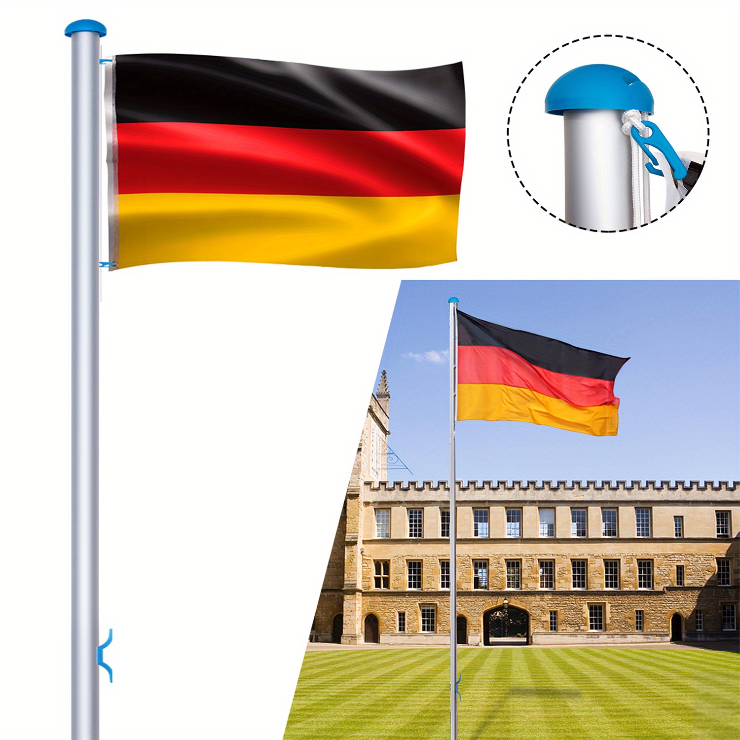 

6. 5m Telescopic Aluminum Flagpole With 50cm Ground Sleeve And German Flag