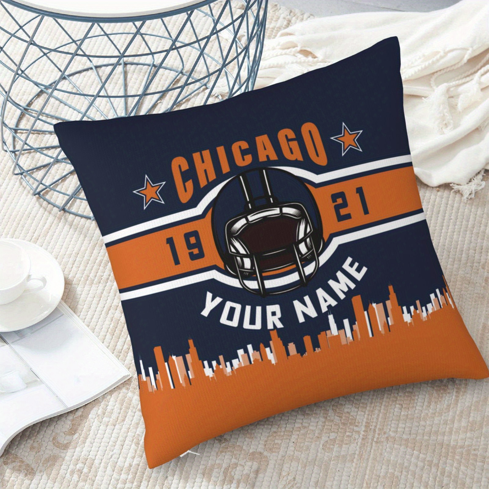 

Customizable Chicago Football Fan Pillow Cover - Personalized Name Throw Pillowcase, Polyester, Square Shape For Home Decor