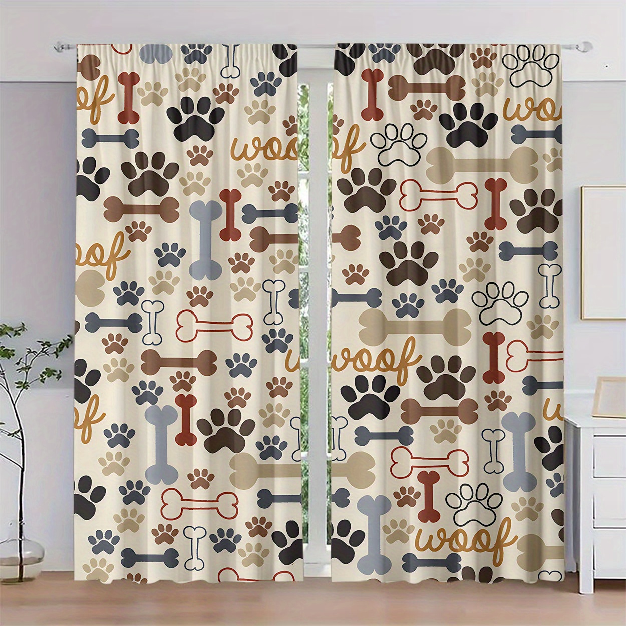 

2pcs, Polyester Material, Hd Footprint Bone Pattern Print, Light Filtering Curtain, Suitable For Bedroom, Living Room, Office And Home Decoration, Pole , Suitable For Pole