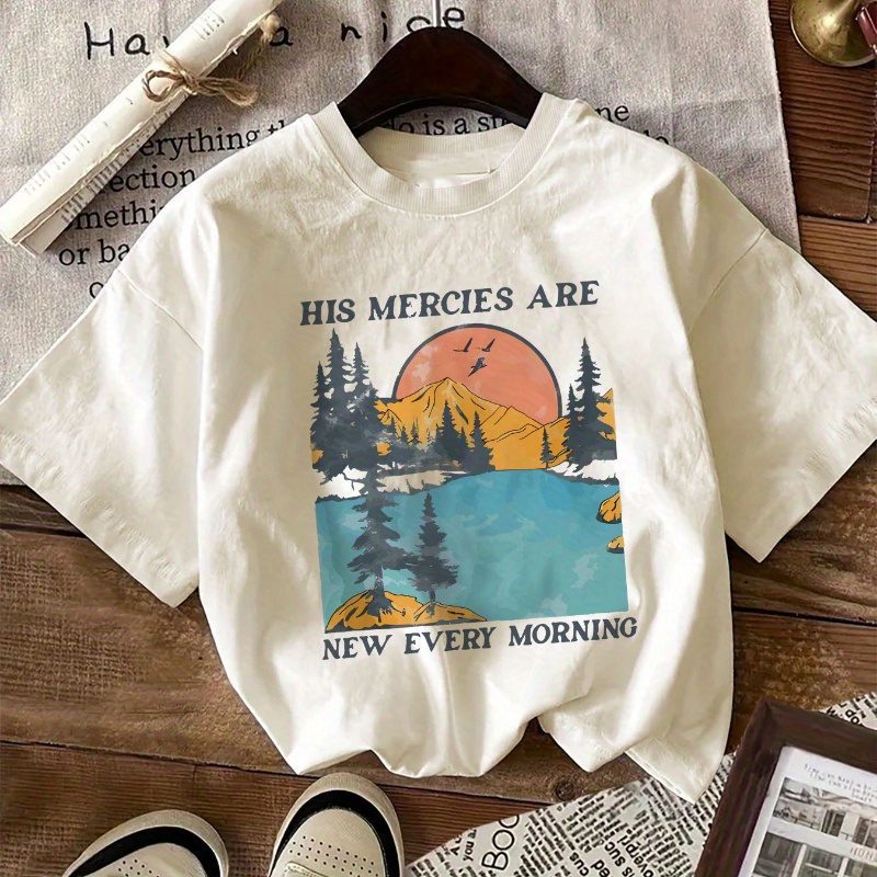 

His Mercies Are New Every Morning" Mountain Print Cotton T-shirt - Casual Crew Neck, Short Sleeve Top For Women, Machine Washable