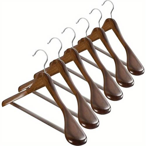 wide shoulder wooden hangers 6 pack for closet non slip pants bar holds 20lbs 360 swivel hook