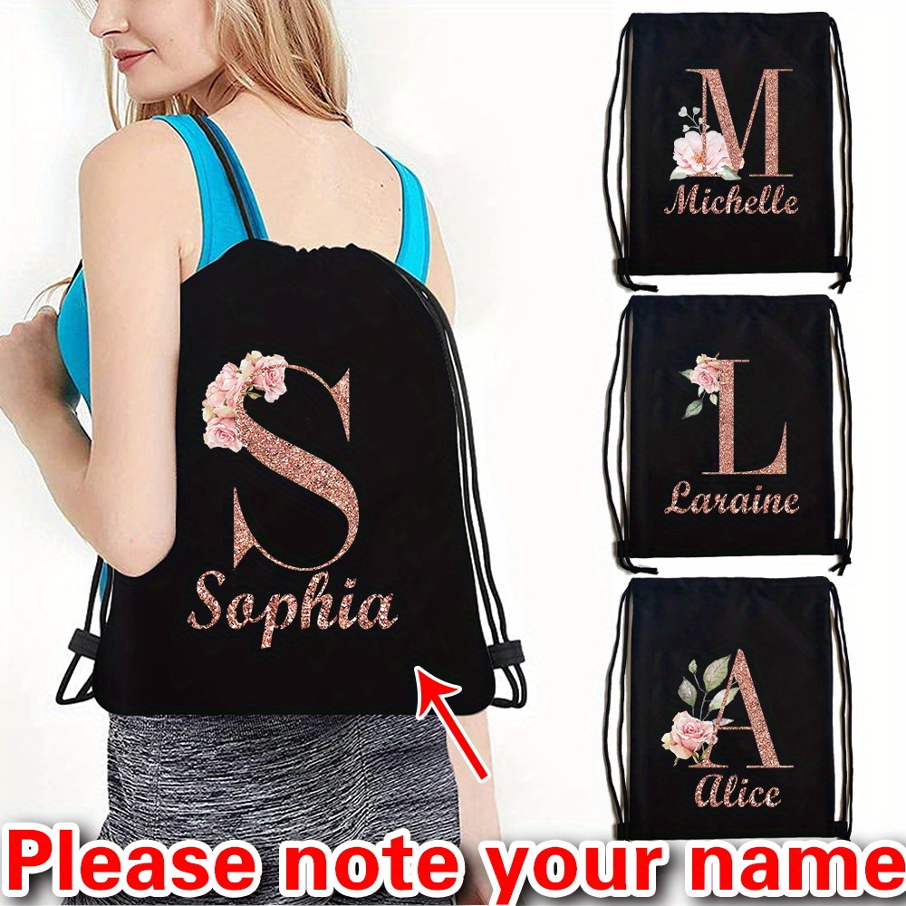 

[personalized Charm] Customizable Black Canvas Drawstring Backpack With Floral Initial Design - Dual Shoulder Pocket, Ideal For Gym, Hiking, Swimming & Travel - Personalized Name Option For