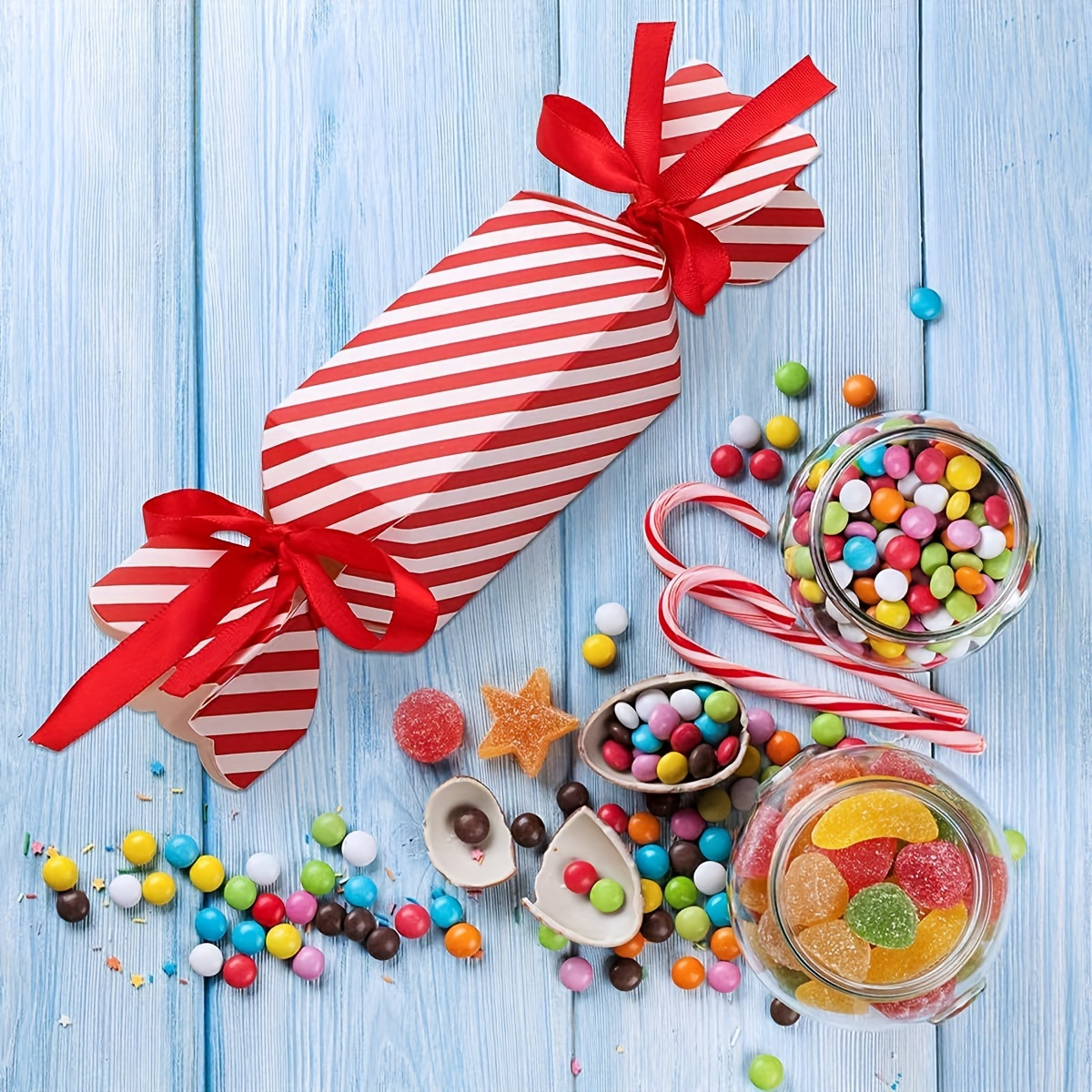 

Christmas Candy Boxes With Ribbons - 10/20 Pack Red Striped Paper Gift Treat Containers For Parties, Bridal Showers, Birthdays, Holidays & Celebrations